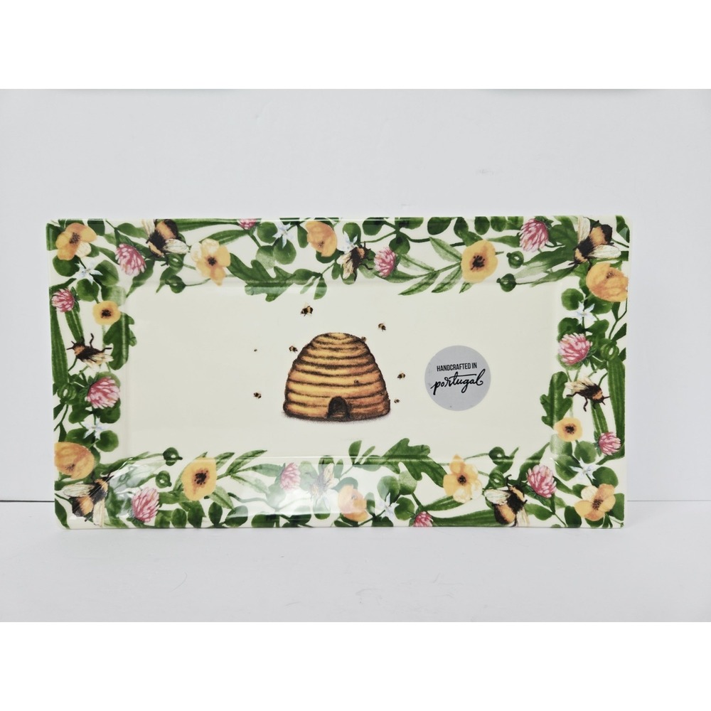 Matceramica Beehive serving‎ plate Honey Bees & Flowers Ceramic rectangle New